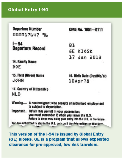Global Entry I-94 form example
